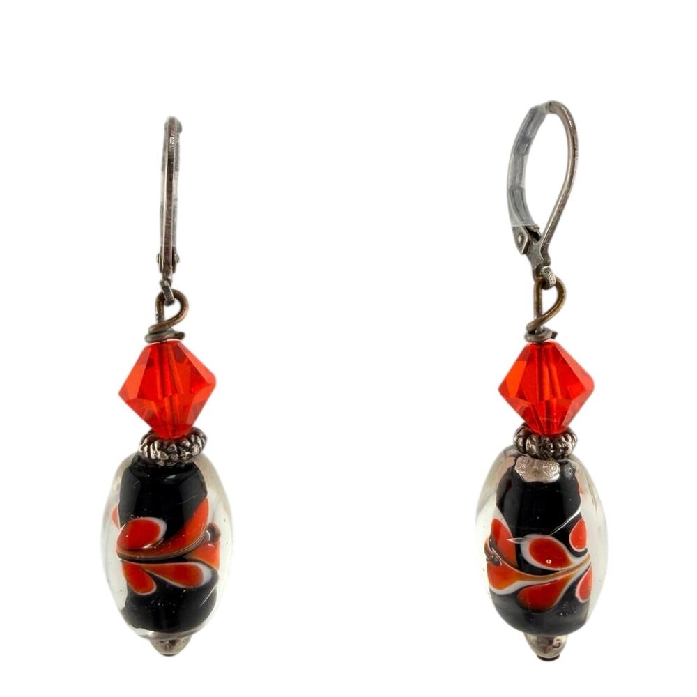 Handmade Art Glass Black Red White Beads Dangle Drop Silver Tone 2" Earrings